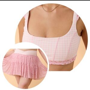 2pcs Blogilates  Outfit Ruffle Corset Sports Bra Gingham & Pink Floral Skort XL